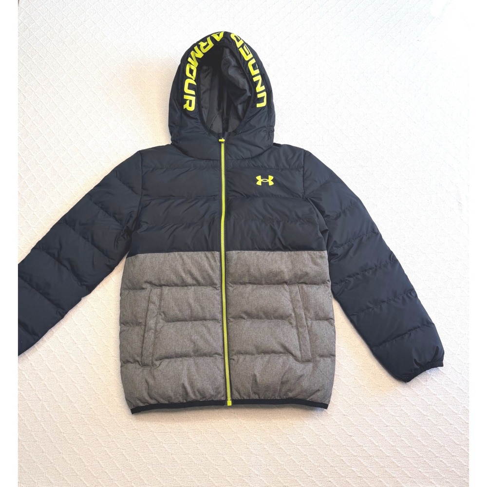 Under Armour ColdGear Kids Puffer Jacket Black Gray Neon Yellow Size Medium YMD